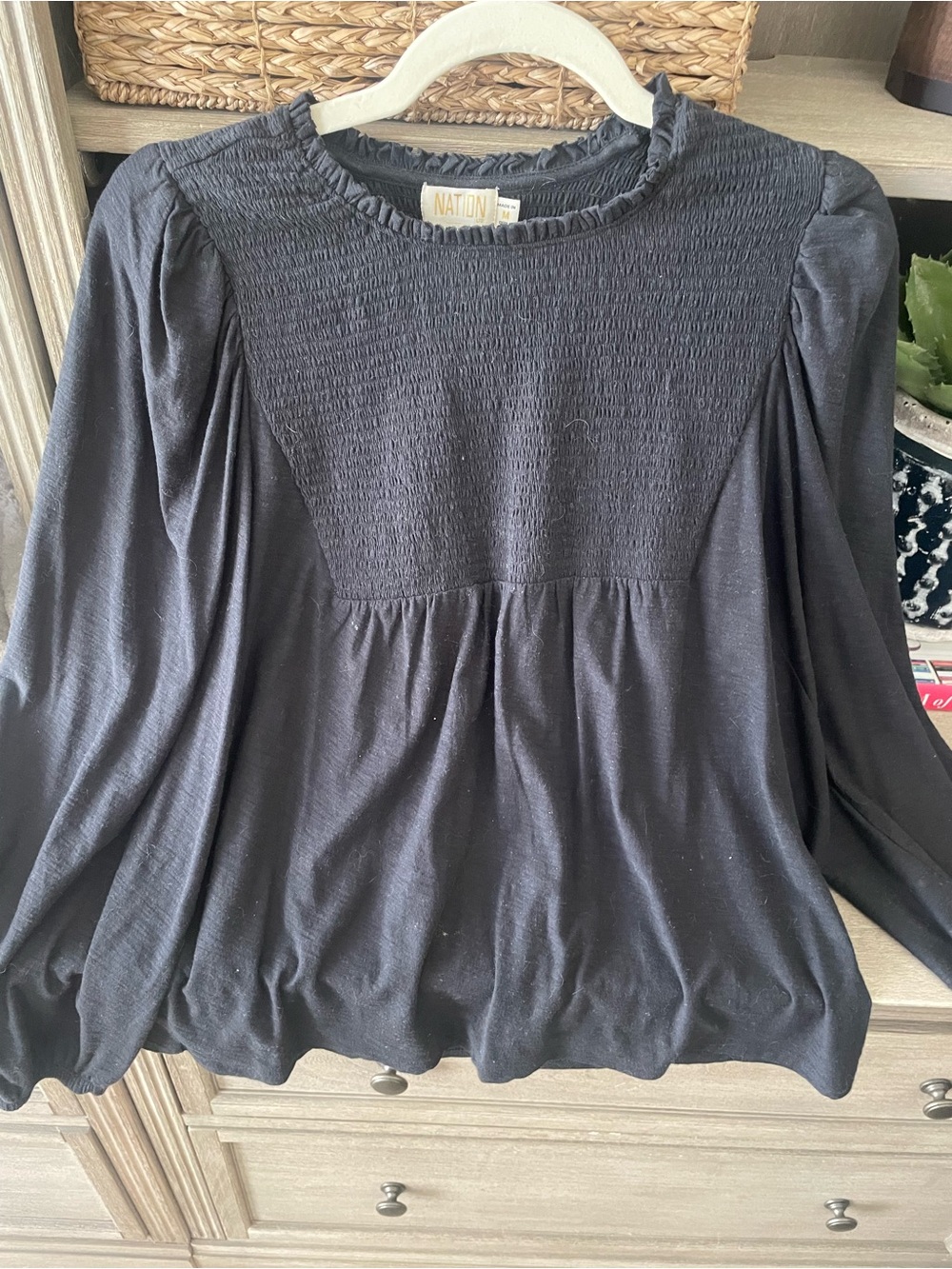 Nation LTD Smocked Yoke Long-Sleeve Top in Black